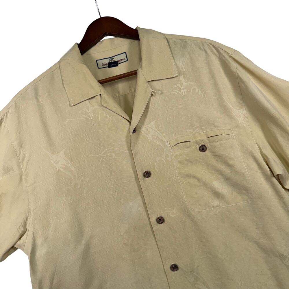 Tommy Bahama Men's M Silk Camp Shirt Yellow Marlin Print Short Sleeve Button Up